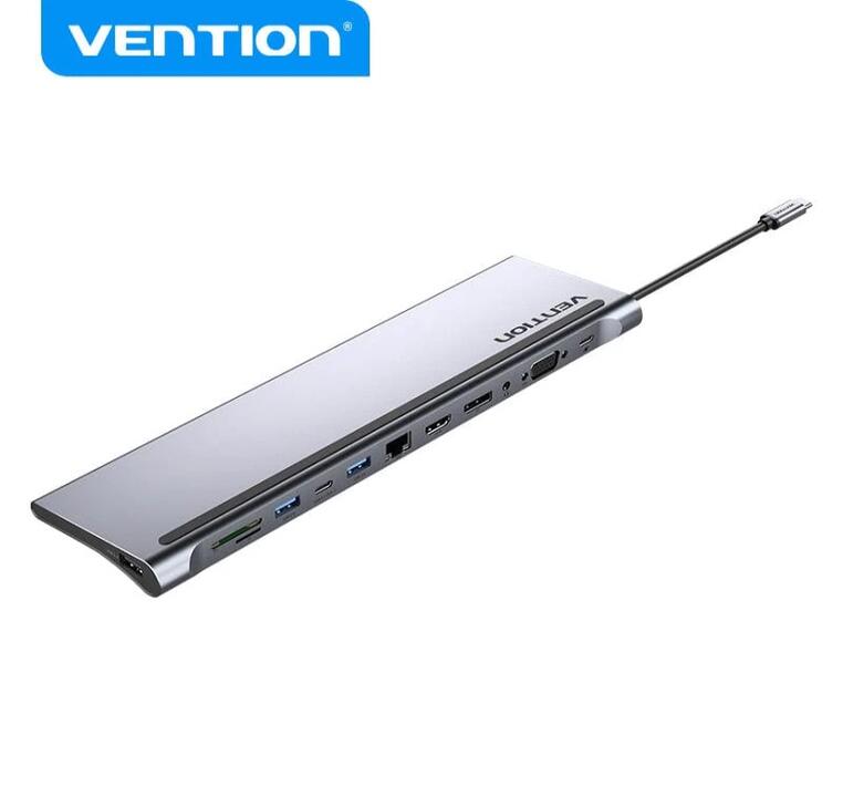 VENTION THSHC Multi-function USB-C to DP/HDMI/VGA/USB-C Gen 1/USB 3.0x2/USB 2.0/RJ45/SD/TF/TRRS 3.5mm/PD Docking Station 0.25m Gray Metal Type