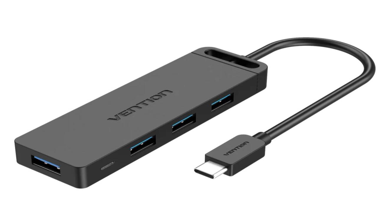 VENTION TGKBD Type-C to 4-Port USB 3.0 Hub with Power Supply Black 0.5M ABS Type