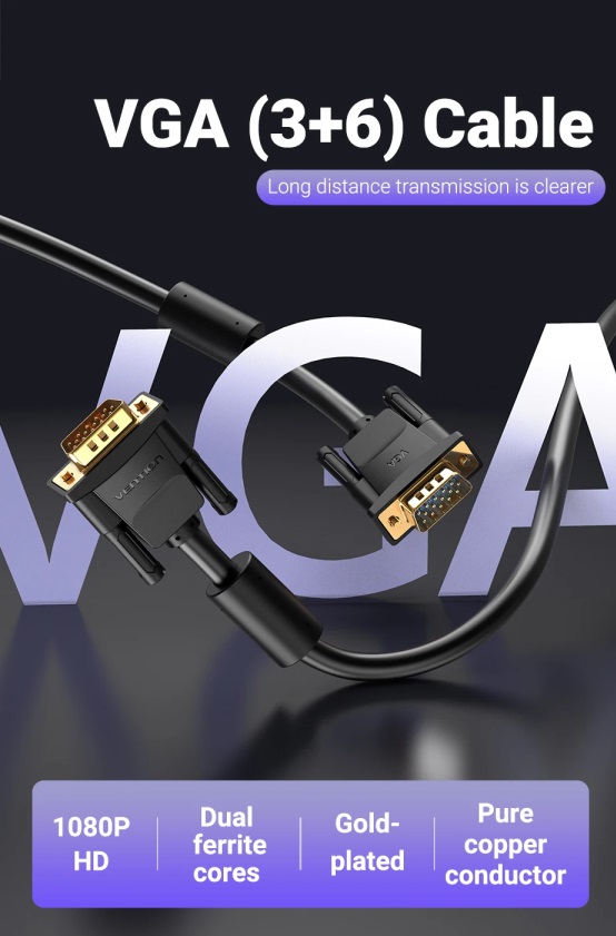 VENTION DAEBL VGA(3+6) Male to Male Cable with ferrite cores 10M Black