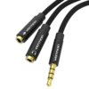 VENTION BBMBY Fabric Braided 4 Pole 3.5mm Male to 2*3.5mm Female Stereo Splitter Cable 0.3M Black Metal Type
